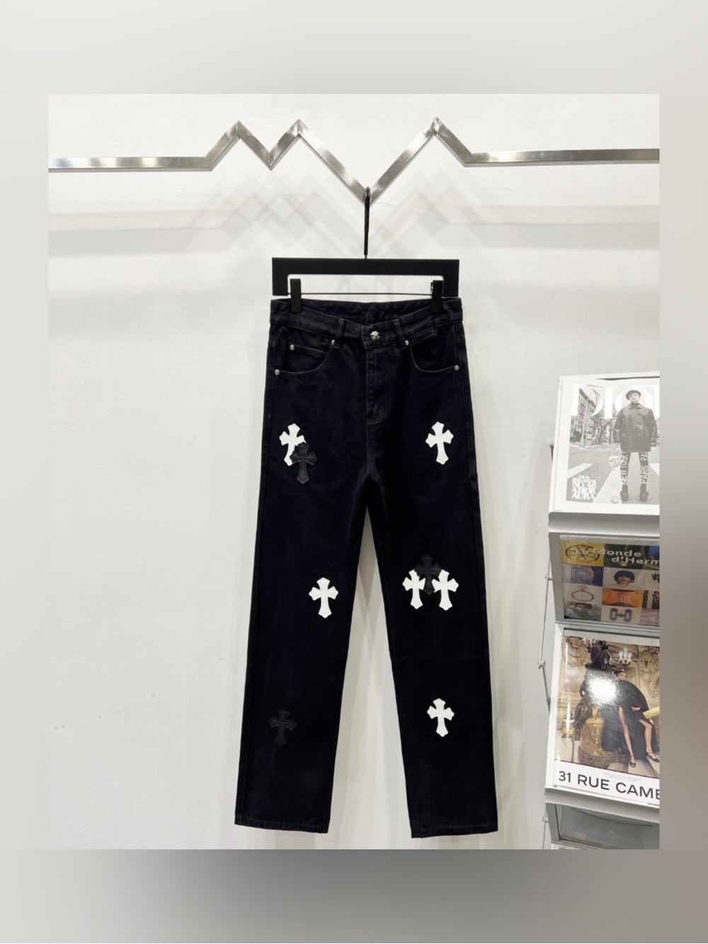 Black Straight-Leg Jeans Chrome Denim Hearts with White Cross Patches
